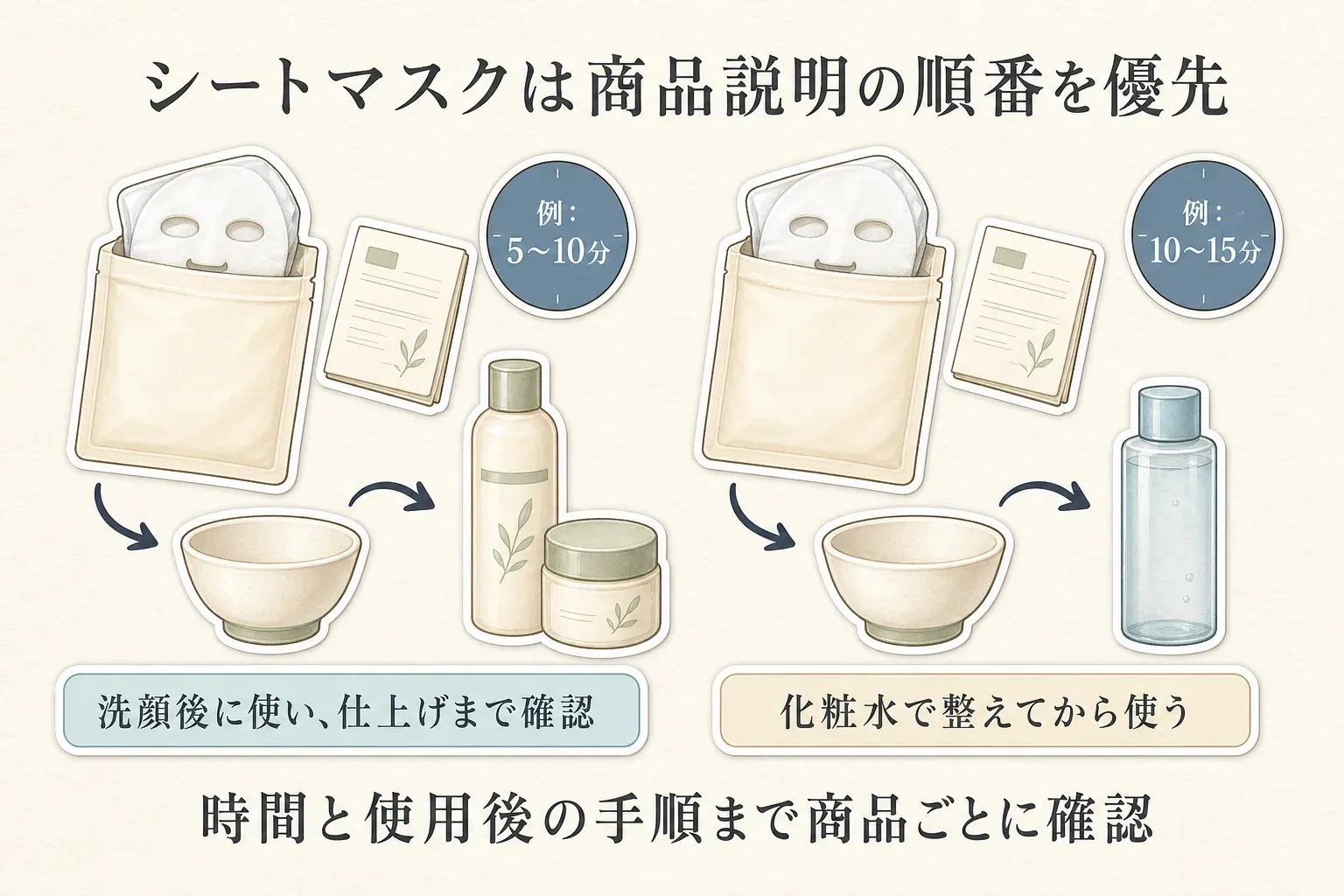 シートマスクの順番と使用時間は商品説明を優先することを示す図。洗顔後に5〜10分使って乳液やクリームで仕上げる例と、化粧水で整えてから10〜15分使う例を並べ、時間と使用後の手順を商品ごとに確認する流れを示す。