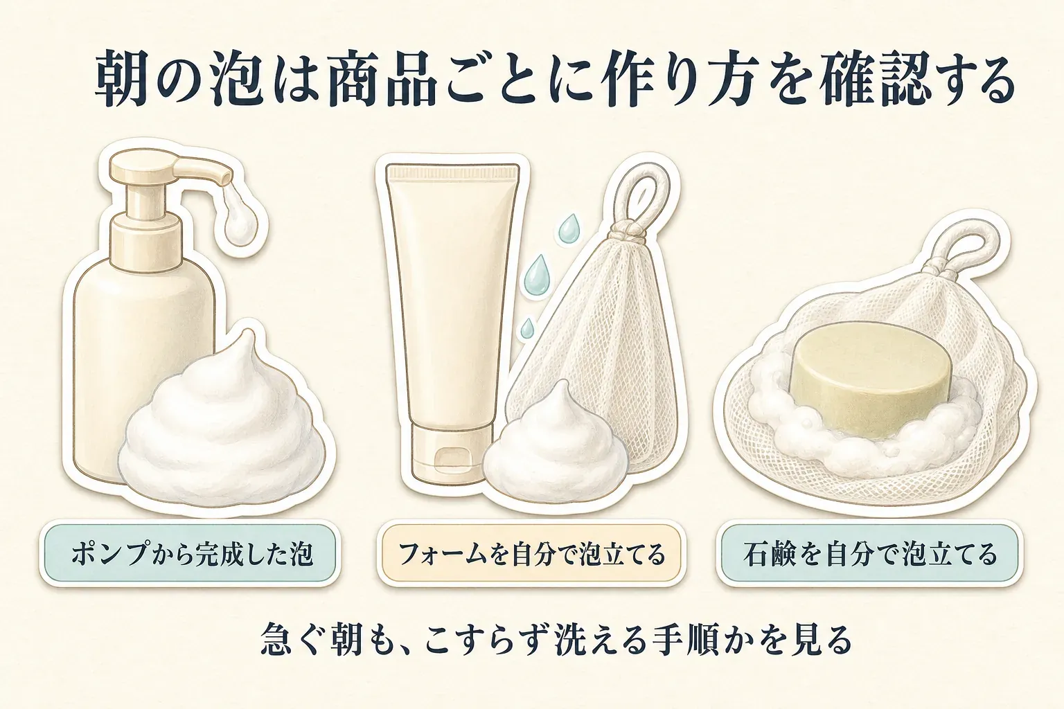 朝の洗顔料ごとの泡の作り方を示す図。ポンプから完成した泡が出るタイプ、フォームを水と泡立てネットで自分で泡立てるタイプ、固形石鹸を泡立てネットで自分で泡立てるタイプを並べ、急ぐ朝もこすらず洗える手順か確認するよう示している。