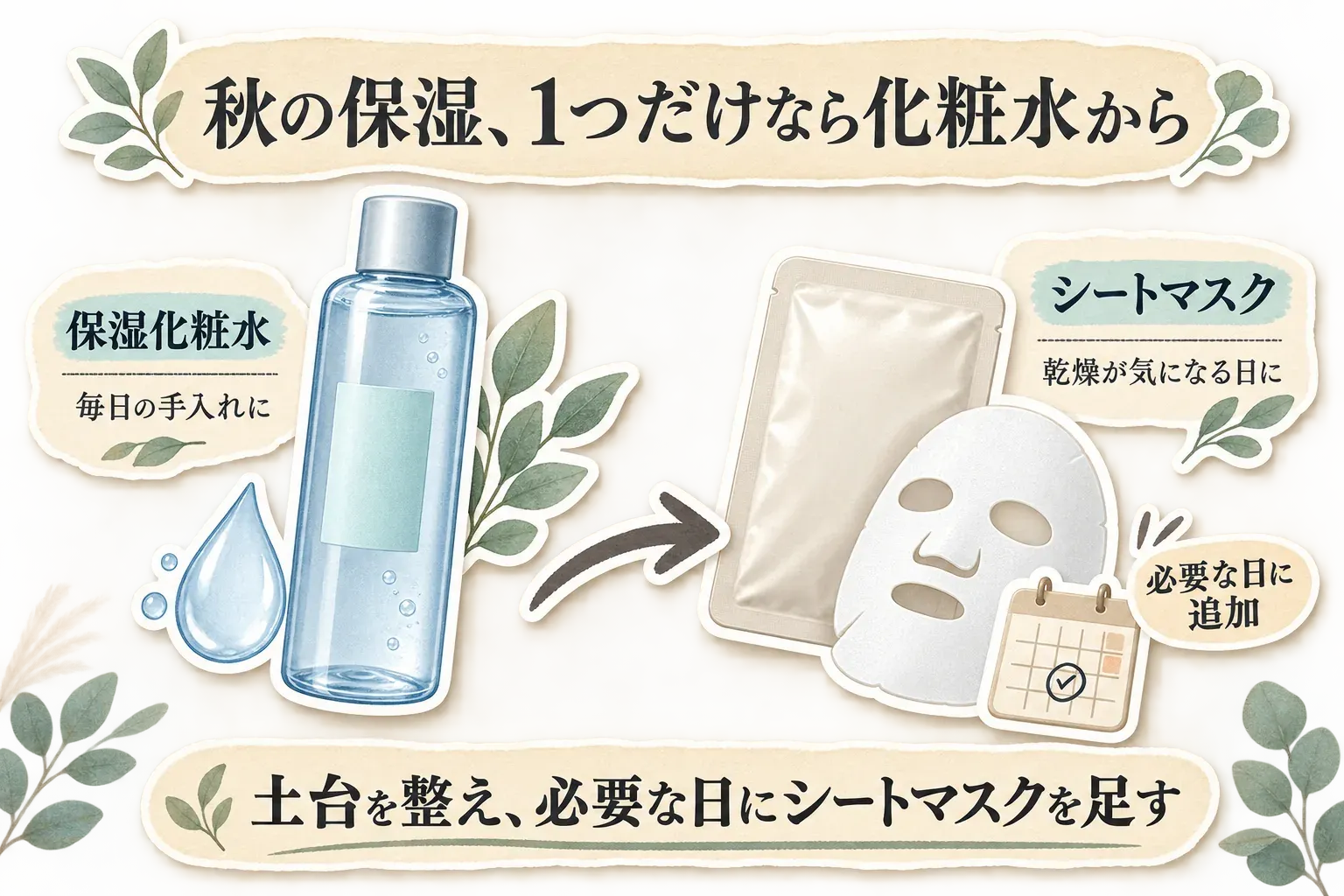 秋の衣替え前の保湿準備の順番を示す図。毎日使う保湿化粧水を先に整え、乾燥が気になる日や行事前にはシートマスクを追加する流れ。すでに化粧水と乳液・クリームの土台がある場合は、シートマスクを先に準備する選択も示している。