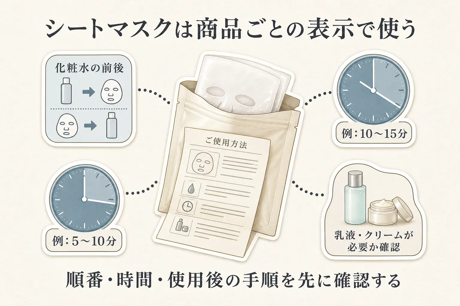 シートマスクの使用手順を商品説明ごとに確認する図。プリュは洗顔後に5〜10分使い乳液・クリームで仕上げ、ダーマルは化粧水などで整えてから10〜15分使い、ファンケルは化粧液とエッセンスのあとにマスクを使う例を示す。