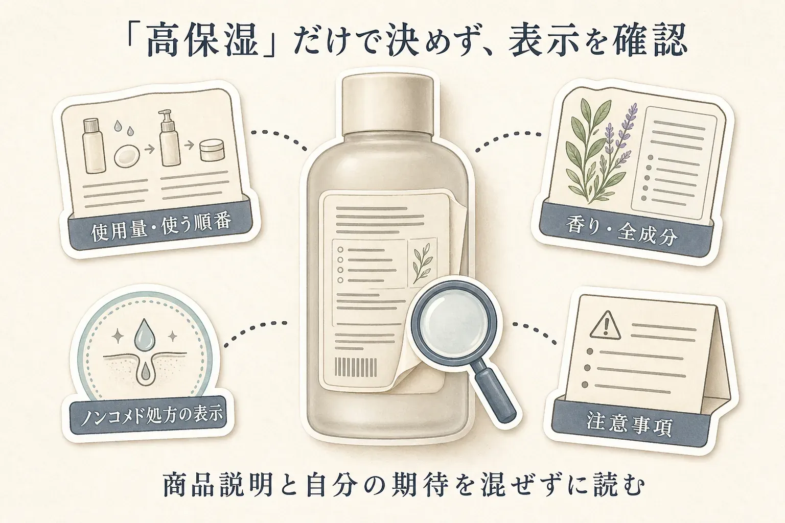 保湿化粧水とシートマスクの商品ページで確認する項目をまとめた図。使用時間、化粧水の前後、使用後に乳液・クリームが必要か、ノンコメド処方などの表示、香り・全成分・注意事項、赤みやかゆみなどの異常時は使用を続けないことを示す。