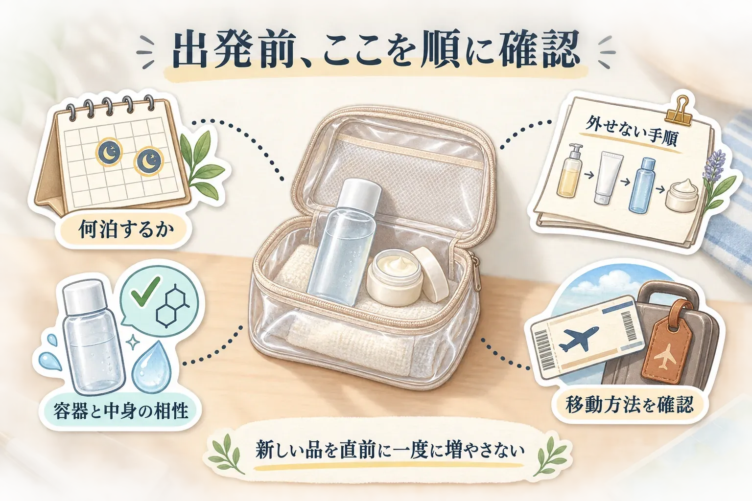旅行用スキンケアの出発前チェックをまとめた図。宿泊日数、クレンジングからクリームまでの外せない手順、容器と中身の相性、飛行機などの移動方法を確認し、新しい品を旅行直前に一度に増やさないことを示す。