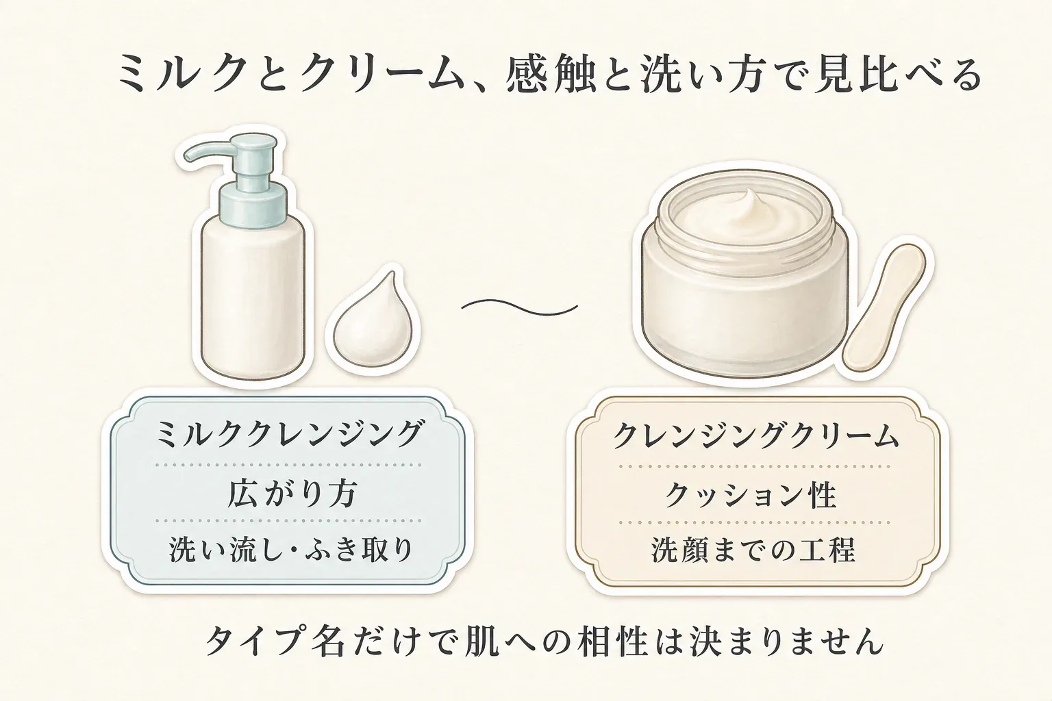 ミルククレンジングは広がり方と洗い流し・ふき取りを、クレンジングクリームはクッション性と洗顔までの工程を見比べる図。タイプ名だけで肌への相性は決まらないことを示している。