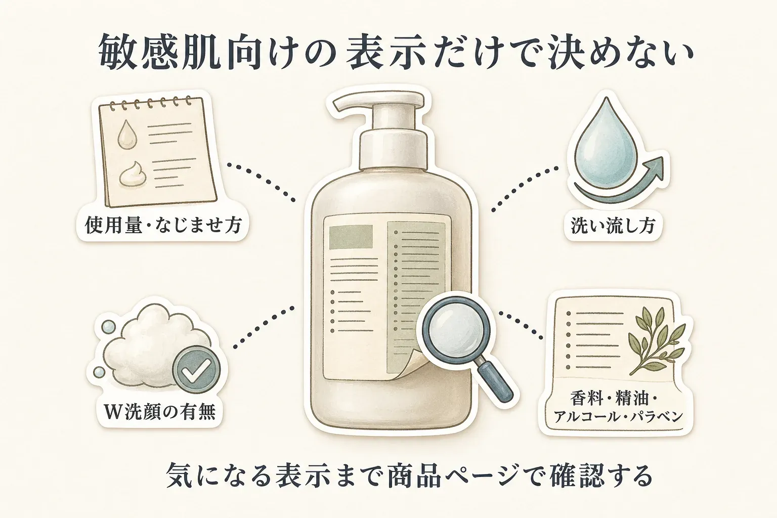 敏感肌向けの表示だけで決めず、商品ページで使用量・なじませ方、洗い流し方、W洗顔の有無、香料・精油・アルコール・パラベンの表示を確認する図。