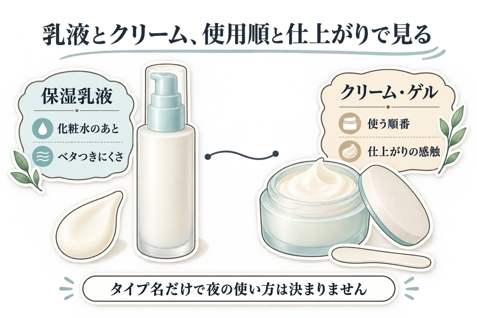 保湿乳液は化粧水の後に使いベタつきにくい感触を確認し、クリーム・ゲルは商品ごとの使用順と仕上がりの感触を確認する図。タイプ名だけで夜の使い方は決まらないことを示している。