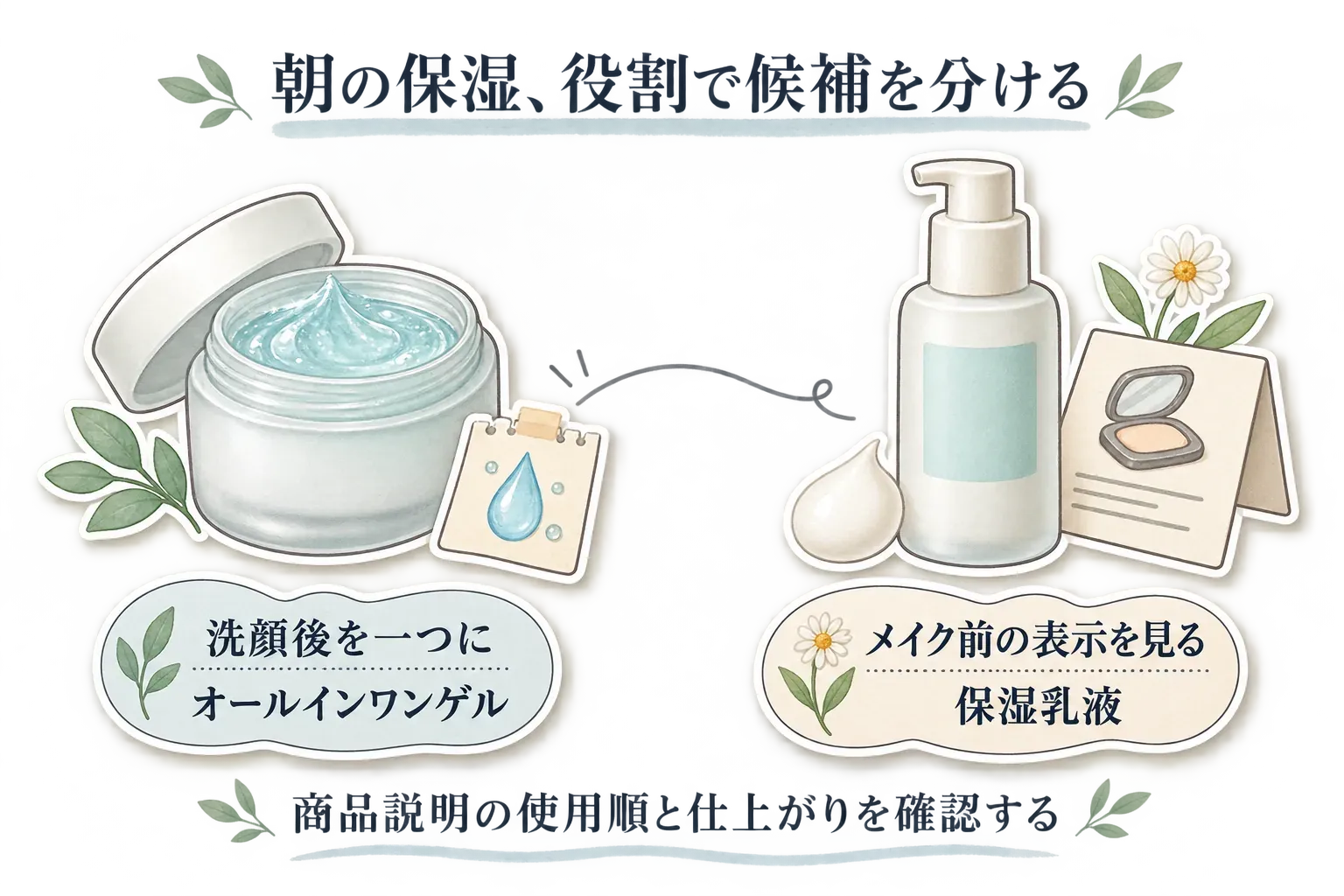 朝の保湿アイテムの役割を比べる図。洗顔後の工程を一つにまとめたい場合はオールインワンゲル、化粧水や美容液の後にさっぱり保湿を足したい場合はジェルクリーム、メイク前のうるおい仕込みや化粧ノリの表示を優先する場合は乳液、保湿から化粧下地・色補正までまとめたい場合はおしろい乳液を選ぶ流れ。