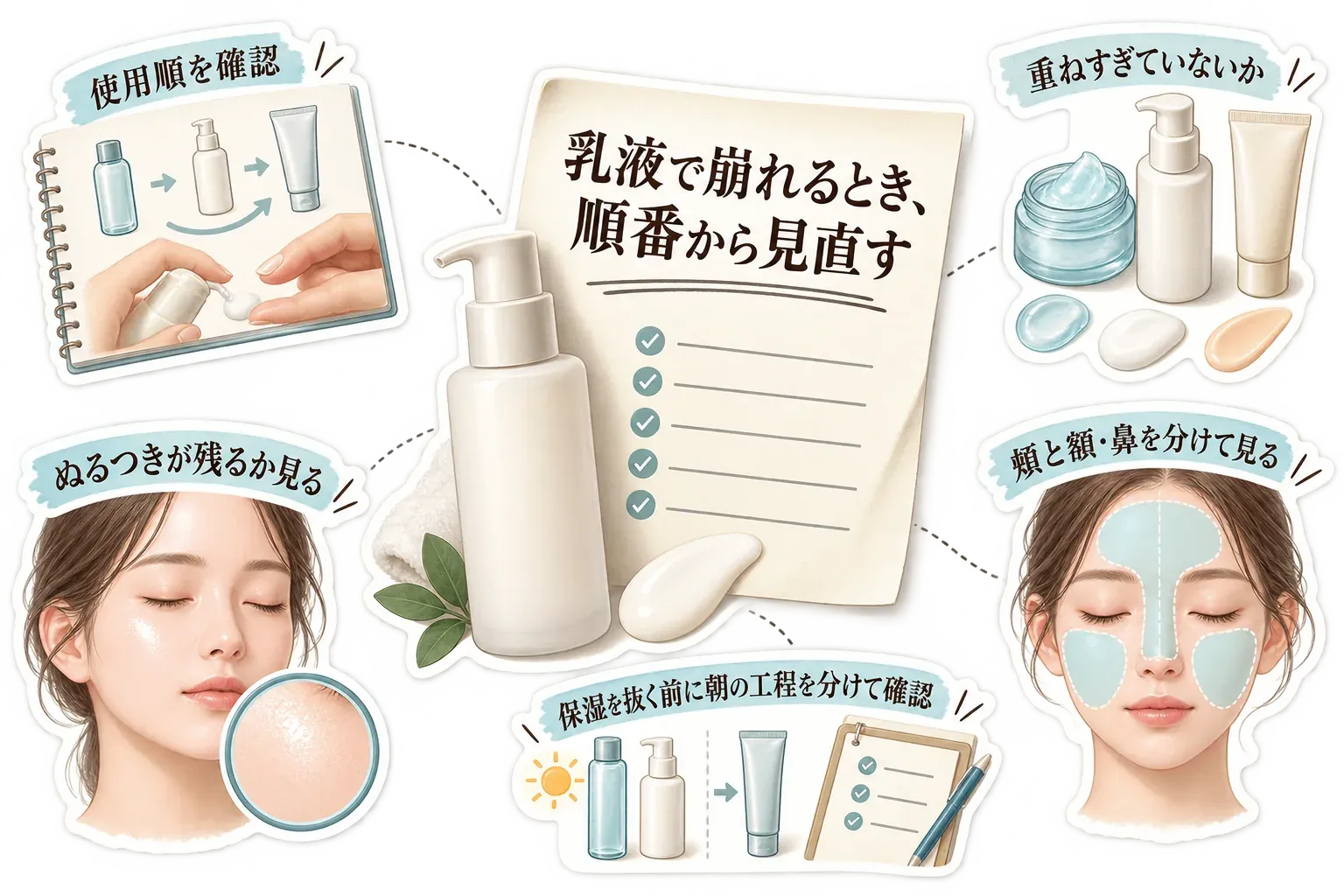 メイク前に乳液や保湿アイテムで崩れると感じるときの確認項目を示す図。商品説明の使用順、保湿アイテムの重ねすぎ、肌表面になじむ時間、乾燥しやすい頬とテカリが気になる額・鼻で塗り方を分けて確認する流れ。