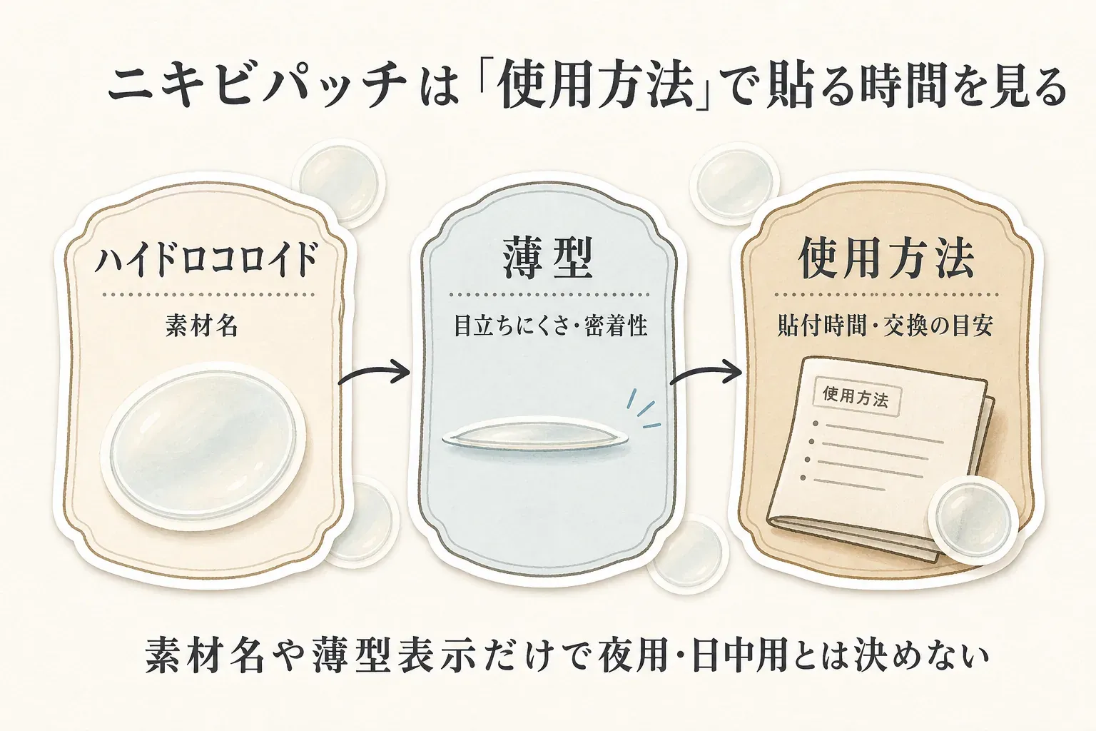 ニキビパッチは、ハイドロコロイドが素材名、薄型が目立ちにくさ・密着性の表示であり、貼付時間と交換の目安は商品ごとの使用方法で確認することを示す図。素材名や薄型表示だけでは夜用・日中用を決められない。