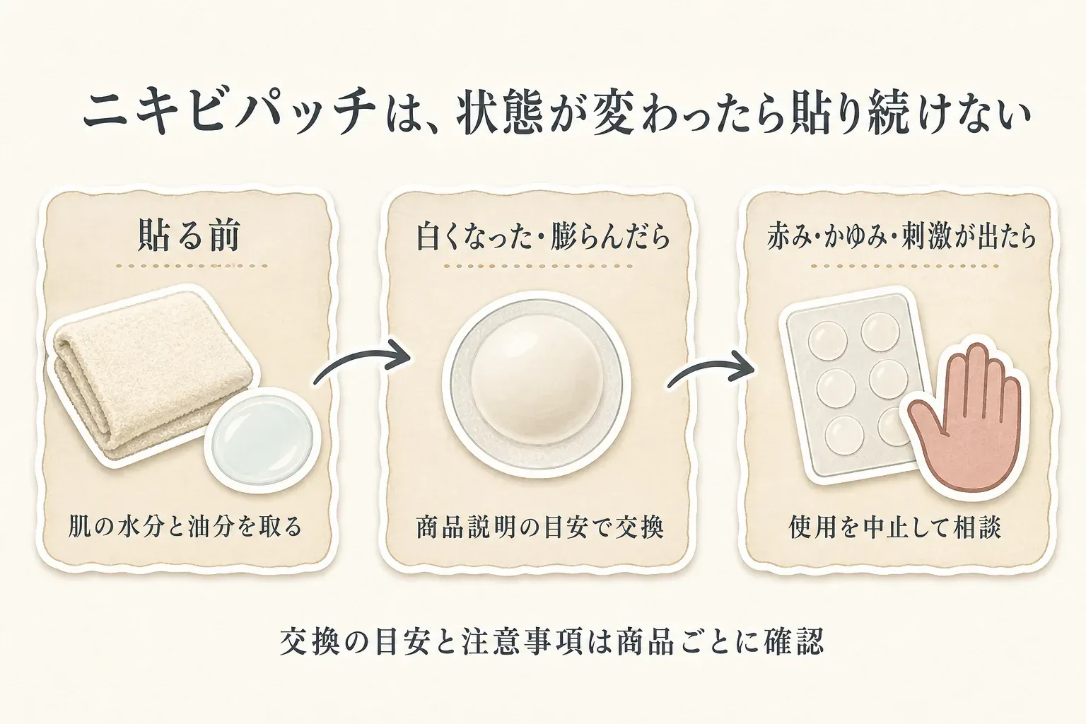 ニキビパッチは貼る前に肌の水分と油分を取り、白くなったり膨らんだりしたら商品説明の目安で交換し、赤み・かゆみ・刺激が出たら使用を中止して相談する流れを示す図。交換の目安と注意事項は商品ごとに確認する。