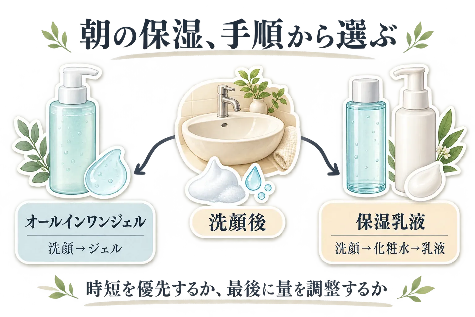 朝の保湿手順を、オールインワンジェルは洗顔後にジェル、保湿乳液は洗顔後に化粧水、乳液の順で示し、時短を優先するか最後に量を調整するかを比べる図。