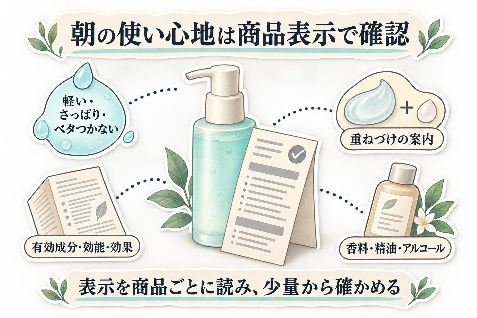 朝の使い心地を商品表示で確認するために、軽い・さっぱり・ベタつかないという使用感、重ねづけの案内、有効成分と効能・効果、香料・精油・アルコールを商品ごとに読み、少量から確かめることを示す図。
