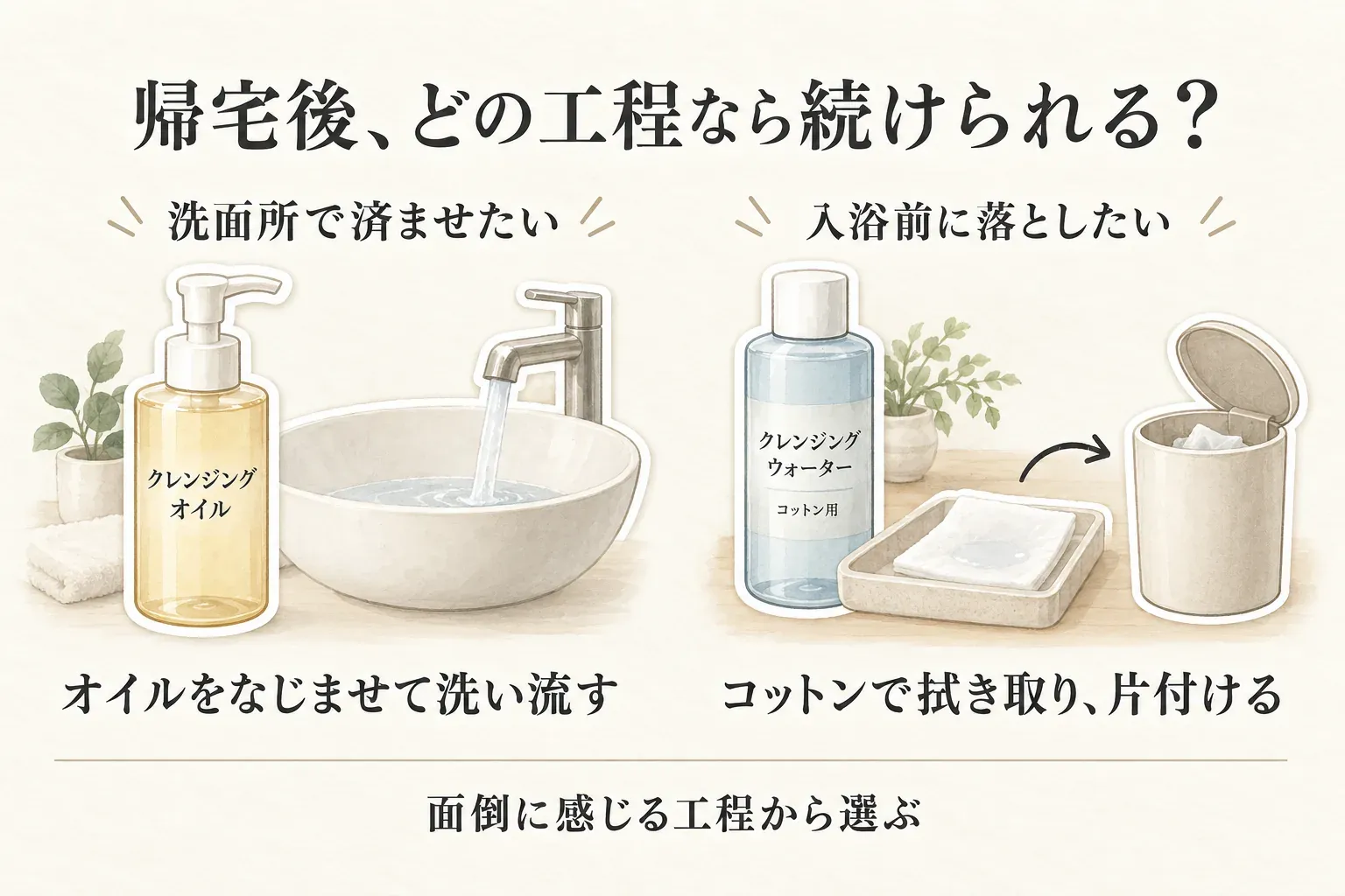 帰宅後に続けやすいメイク落としの工程を比較する図。洗面所で済ませたい人はオイルをなじませて洗い流し、入浴前に落としたい人はクレンジングウォーターを含ませたコットンで拭き取り、使用済みコットンを捨てて片付ける。自分が面倒に感じる工程から選ぶ。