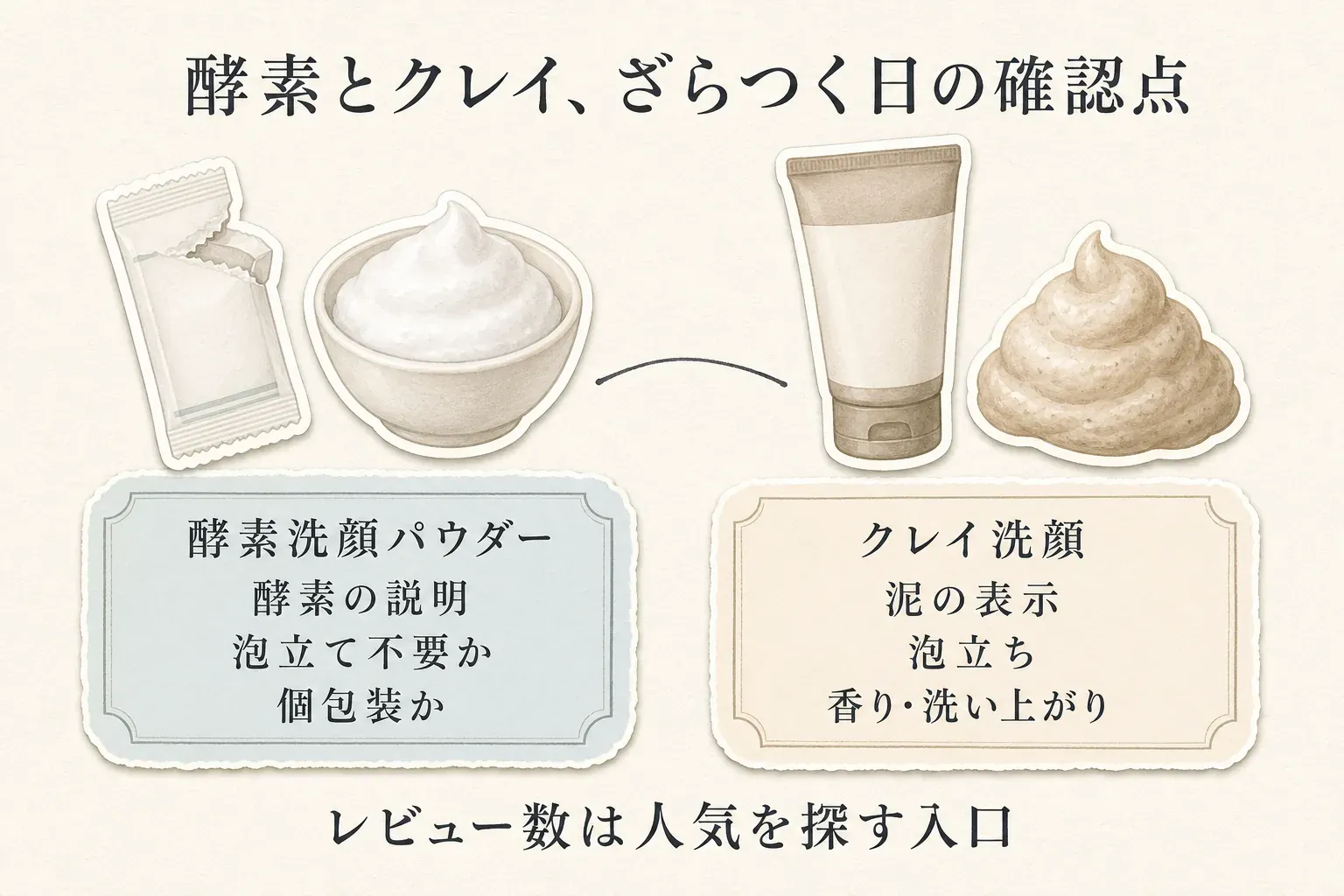 ざらつきが気になる日に酵素洗顔パウダーとクレイ洗顔を選ぶ確認点を並べた図。酵素洗顔パウダーは酵素の説明、泡立て不要か、個包装かを、クレイ洗顔は泥の表示、泡立ち、香り・洗い上がりを確認し、レビュー数は人気を探す入口として使うことを示す。出典：今回確認した6商品の商品説明（2026年8月27日時点）