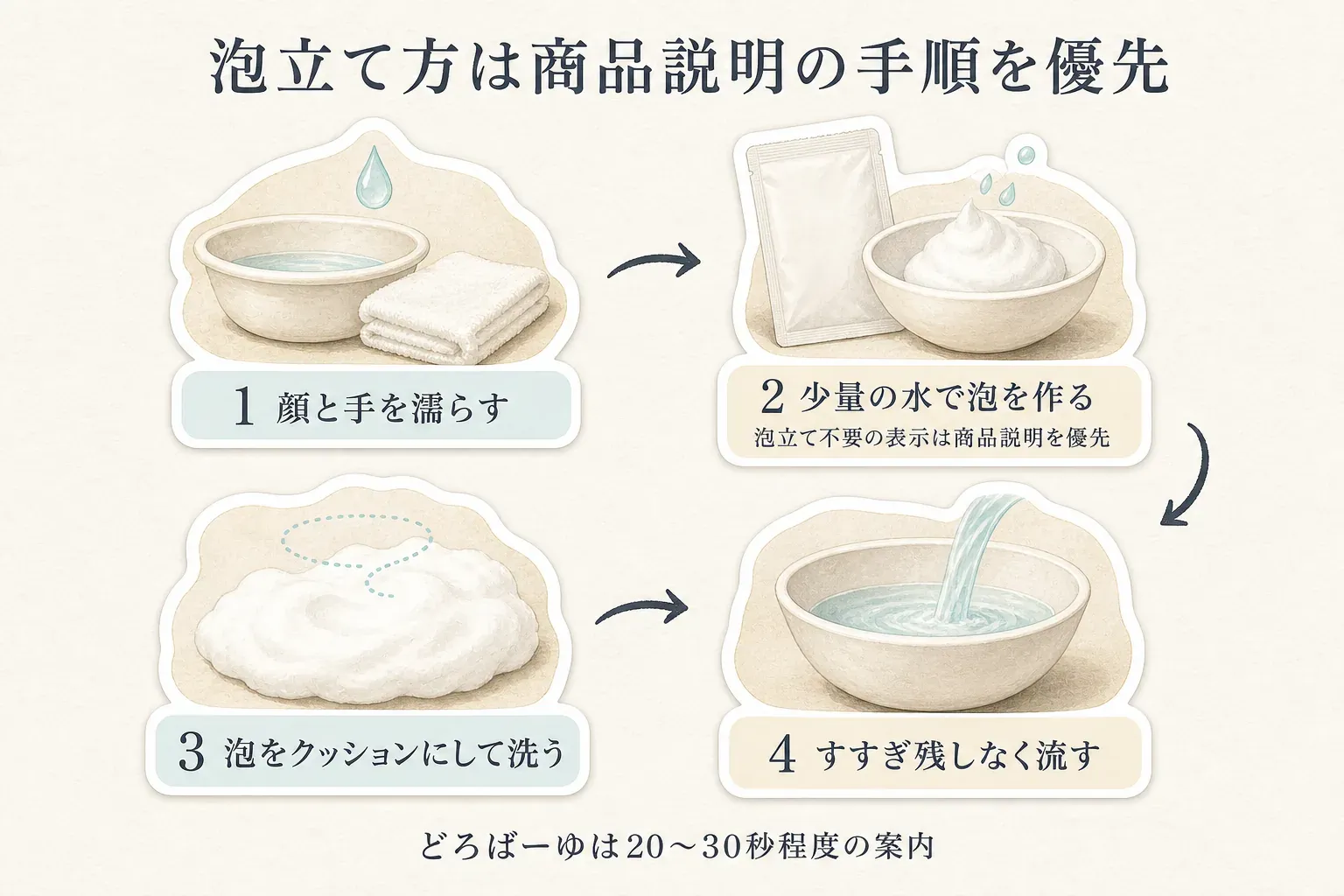 泡立て方は商品説明の手順を優先することを示す4段階の図。顔と手を濡らし、少量の水で泡を作り、泡をクッションにして洗い、すすぎ残しなく流す。泡立て不要の表示も商品説明で確認し、どろばーゆは20〜30秒程度洗う案内がある。出典：今回確認した商品説明（2026年8月27日時点）