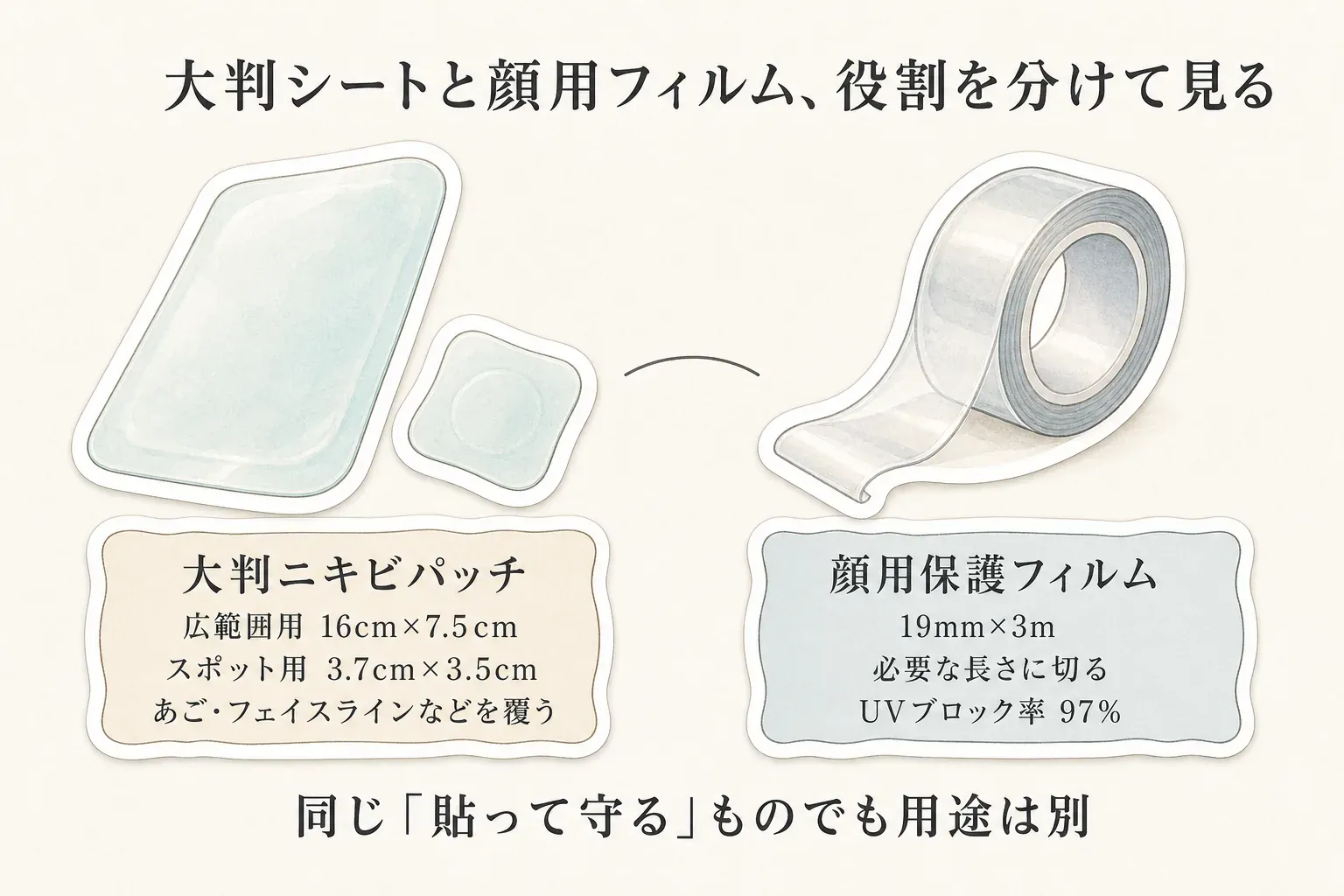 大判ニキビパッチと顔用保護フィルムの役割とサイズを比べる図。大判ニキビパッチは広範囲用16cm×7.5cm・スポット用3.7cm×3.5cmであごやフェイスラインを覆い、顔用保護フィルムは19mm×3mを必要な長さに切り、UVブロック率97％と示している。