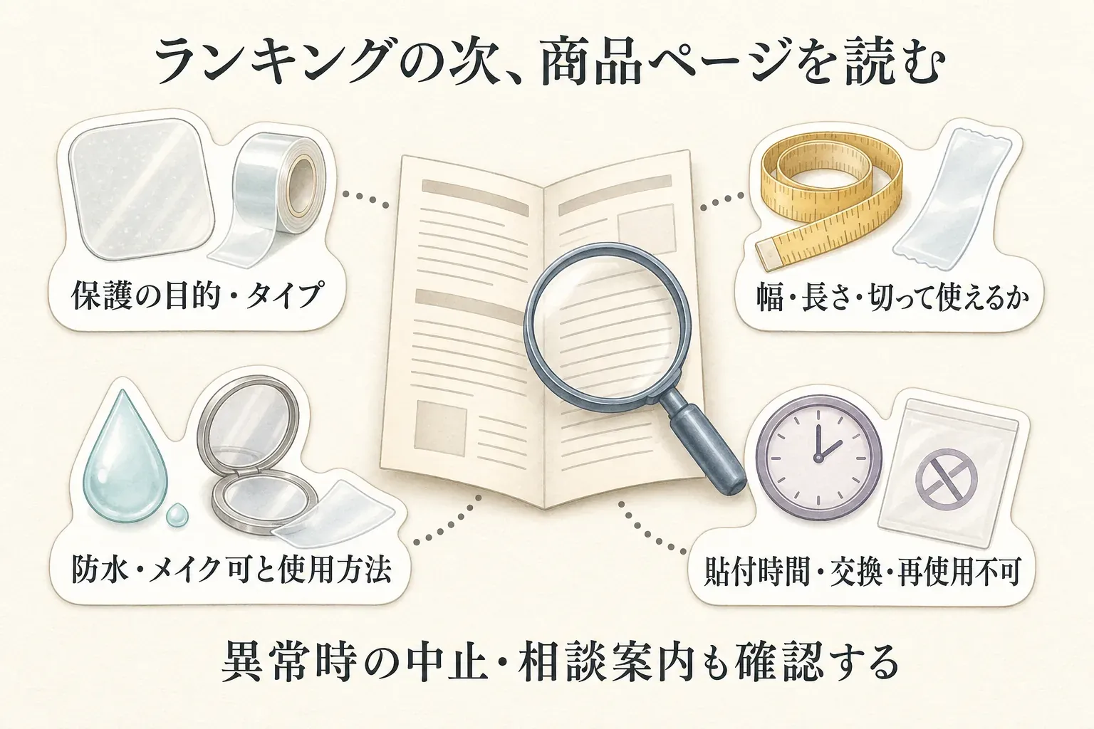 ランキングの次に商品ページで確認する項目を示す図。保護の目的・タイプ、幅・長さ・切って使えるか、防水・メイク可と使用方法、貼付時間・交換・再使用不可、異常時の中止・相談案内を確認するよう示している。
