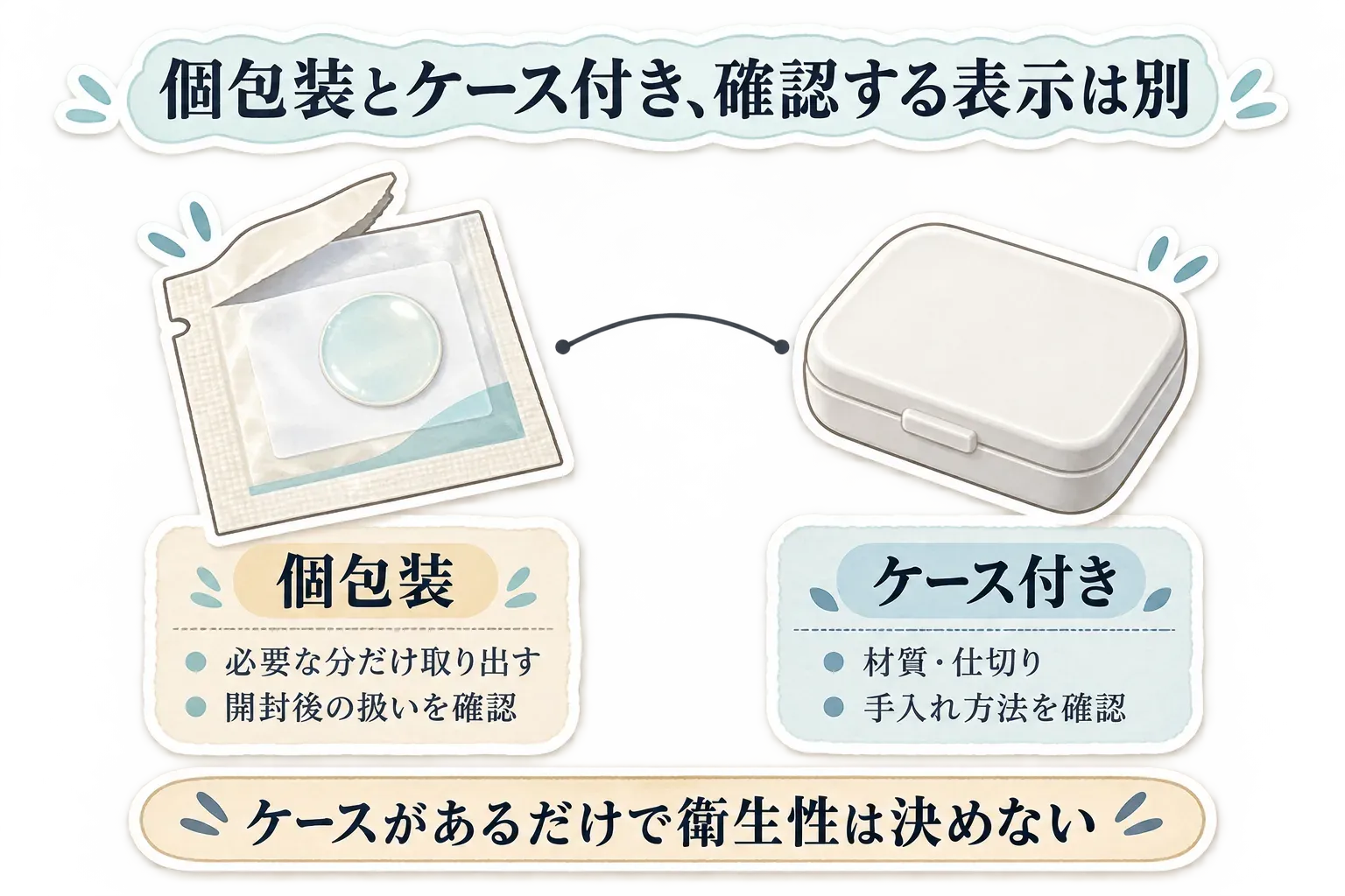 個包装では必要な分だけ取り出せるかと開封後の扱いを、ケース付きでは材質・仕切り・手入れ方法を確認する図。ケースがあるだけで衛生性は決まらないことを示している。