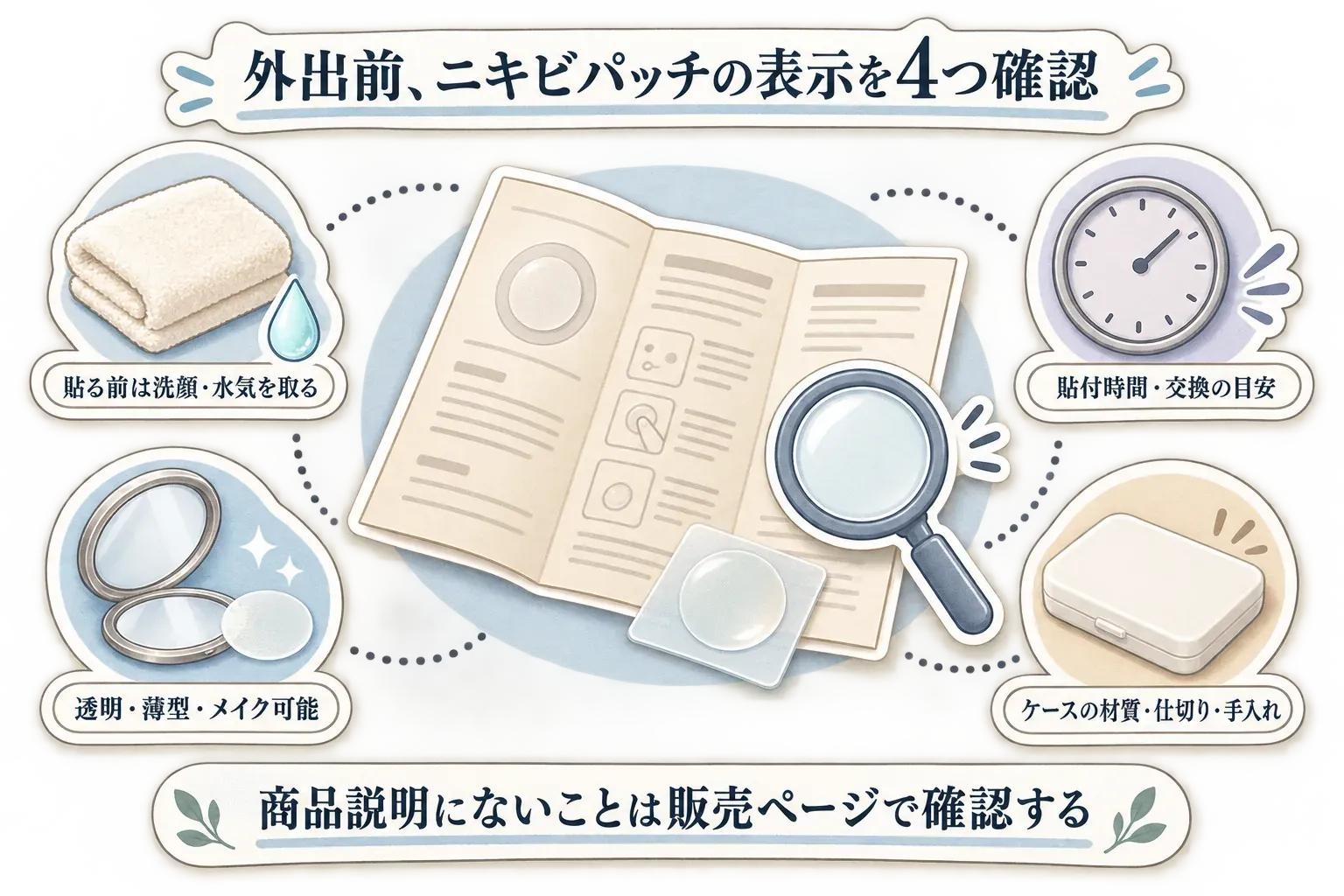 外出前にニキビパッチの表示を確認する4項目として、貼る前の洗顔と水気取り、貼付時間と交換の目安、透明・薄型・メイク可能の表示、ケースの材質・仕切り・手入れ方法を示す図。商品説明にないことは販売ページで確認するよう案内している。