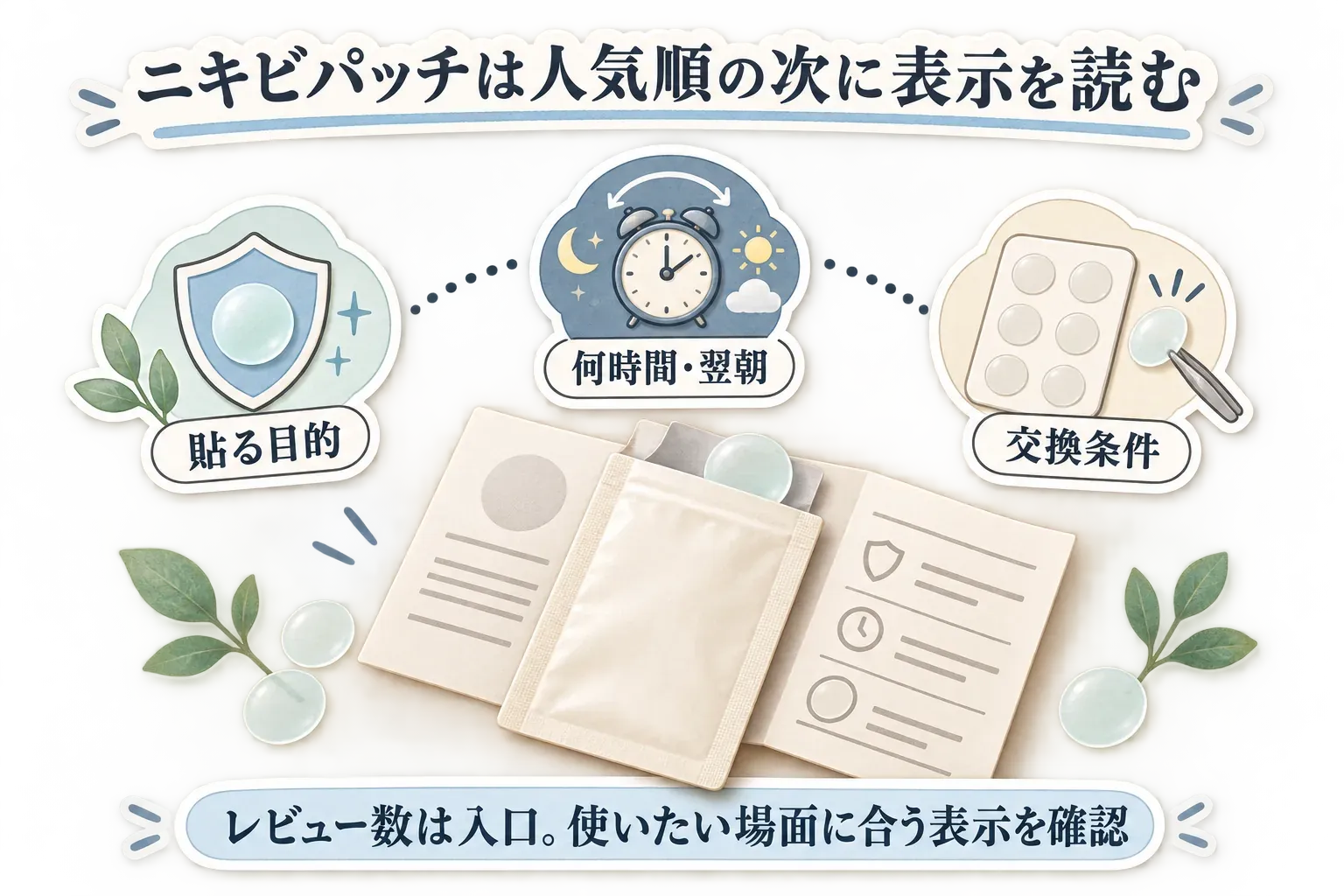 ニキビパッチは人気順の次に商品説明を読み、貼る目的、何時間または翌朝にはがすか、交換条件を確認する図。レビュー数は入口で、使いたい場面に合う表示を確認するよう示している。