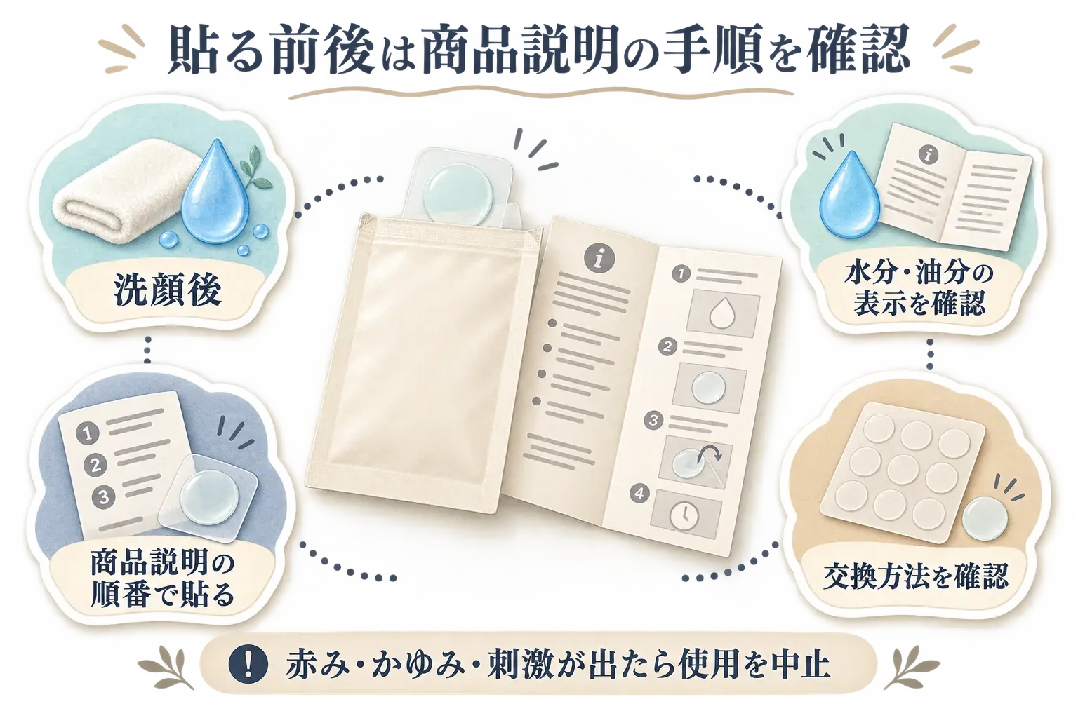 ニキビパッチを貼る前の確認を示す図。洗顔後に、水分・油分の表示、商品説明の使用順、交換方法を確認し、赤み・かゆみ・刺激が出たら使用を中止する流れを描いている。