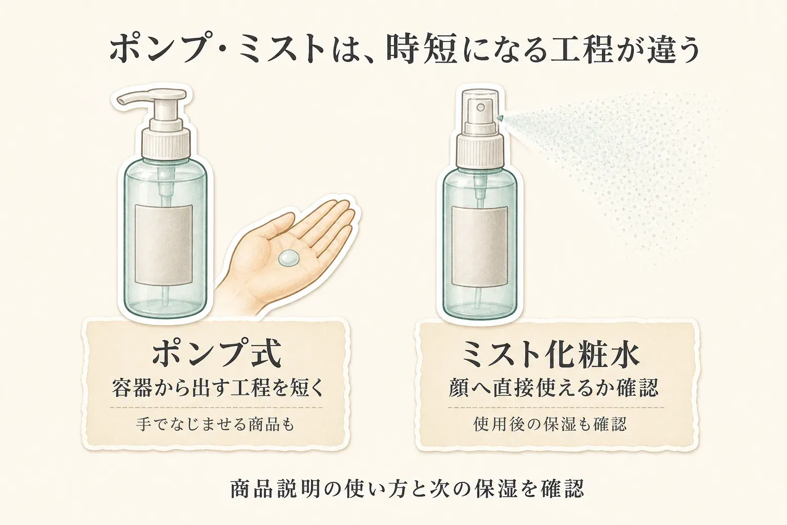 ポンプ式は容器から手のひらに出す工程を短くしやすい一方で手でなじませる商品もあり、ミスト化粧水は顔へ直接使えるかと使用後の保湿を確認することを示す図。商品説明の使い方と次の保湿を確認するよう案内している。