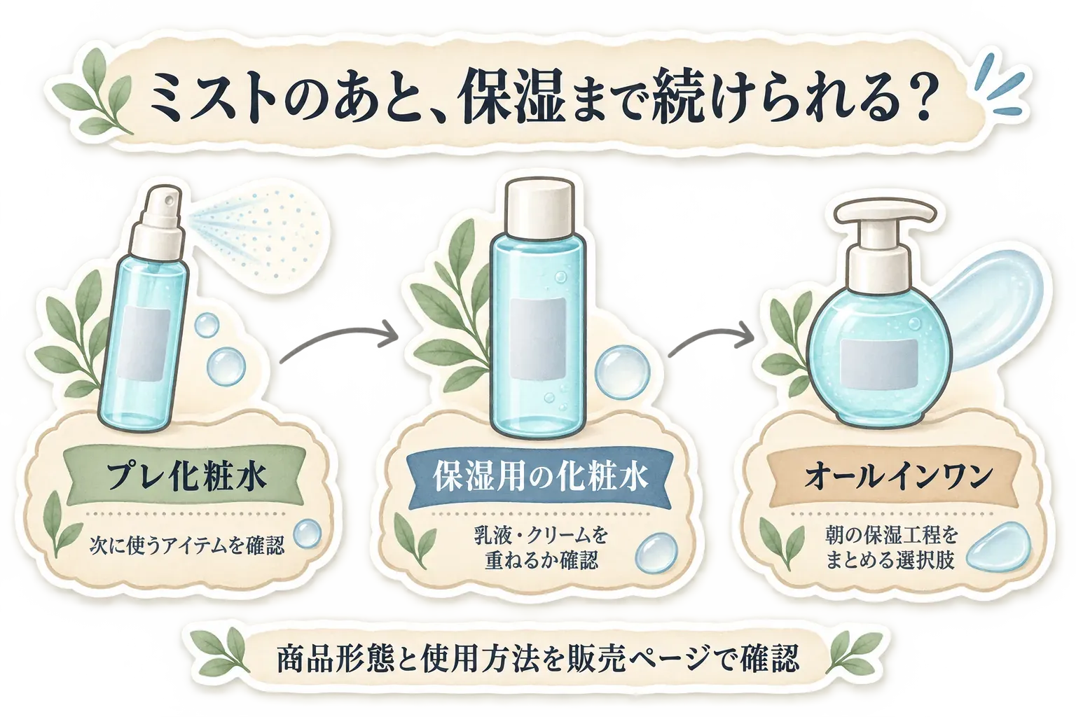 ミスト後の手入れを、次に使うアイテムを確認するプレ化粧水、乳液・クリームを重ねるか確認する保湿用化粧水、朝の保湿工程をまとめるオールインワンの3種類に分けた図。商品形態と使用方法を販売ページで確認するよう案内している。
