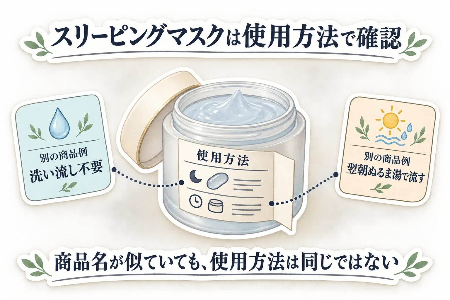 スリーピングマスクは商品名が似ていても使用方法を確認する図。洗い流し不要の商品例と、翌朝ぬるま湯で洗い流す別の商品例を示している。