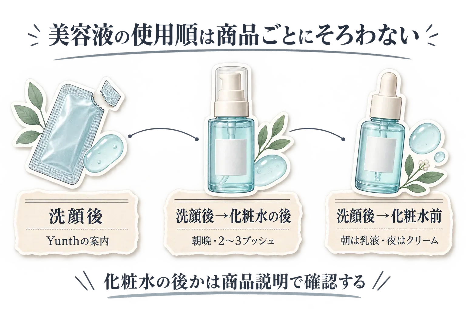 美容液の使用順は商品ごとに異なることを示す図。Yunthは洗顔後、化粧水の後に使う商品は朝晩2〜3プッシュ、化粧水前の導入美容液は朝は乳液・夜はクリームへ続く案内として示し、化粧水の後に使えるかは商品説明で確認するよう案内している。