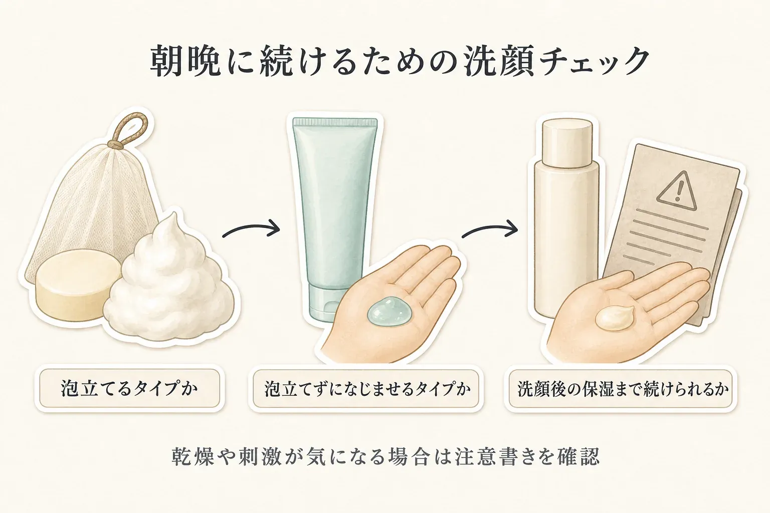朝晩に続けるための洗顔チェックを示す図。泡立てるタイプか、泡立てずになじませるタイプか、洗顔後の保湿まで続けられるかを確認し、乾燥や刺激が気になる場合は注意書きを確認する。