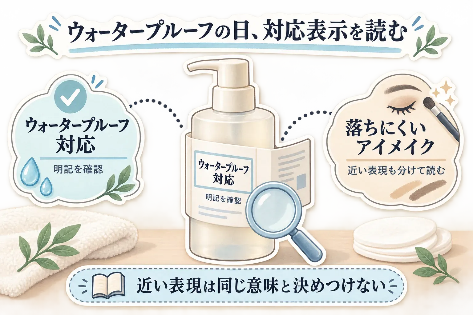 ウォータープルーフの日はクレンジングの商品名や説明文で「ウォータープルーフ対応」の明記を確認し、「落ちにくいアイメイク」などの近い表現は同じ意味と決めつけずに分けて読むことを示す図。