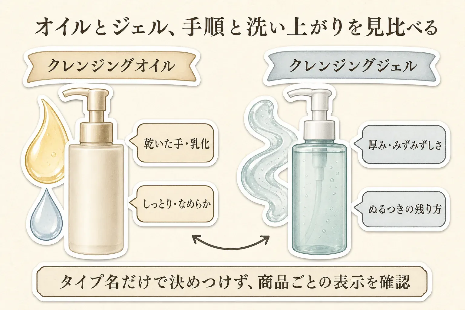 クレンジングオイルとクレンジングジェルを、手順と洗い上がりで見比べる図。オイルは乾いた手で使うことや乳化、しっとり・なめらかな感触を、ジェルは厚み・みずみずしさ・ぬるつきの残り方を確認し、タイプ名だけで決めず商品ごとの表示を読むことを示す。