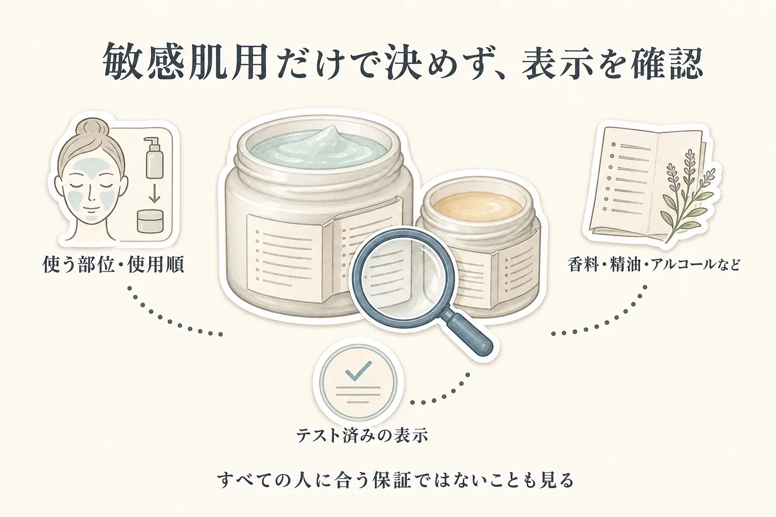 敏感肌用という表示だけで決めず、保湿ジェルとバームの商品ラベルで使う部位・使用順、香料・精油・アルコールなどの成分表示、テスト済み表示、すべての人に合う保証ではない注意を確認する図。