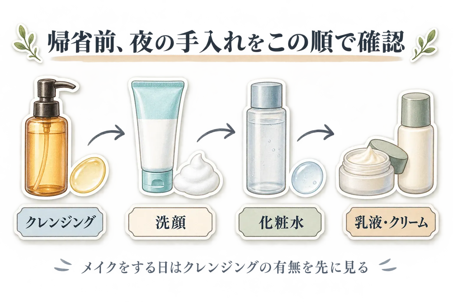 帰省前に確認する夜の手入れの順番として、クレンジング、洗顔、化粧水、乳液・クリームを矢印で並べた図。メイクをする日はクレンジングの有無を最初に確認するよう示している。