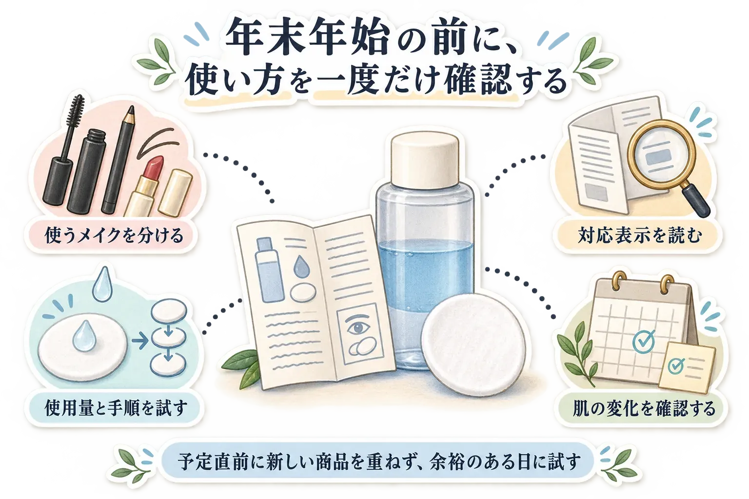 年末年始の会食や写真撮影の前に行うメイク落としの確認項目を示す図。使うメイクを分け、ポイントメイクとクレンジングミルクの対応表示、使用量と手順、肌の変化を確認し、落ち残りを強くこすらない流れ。